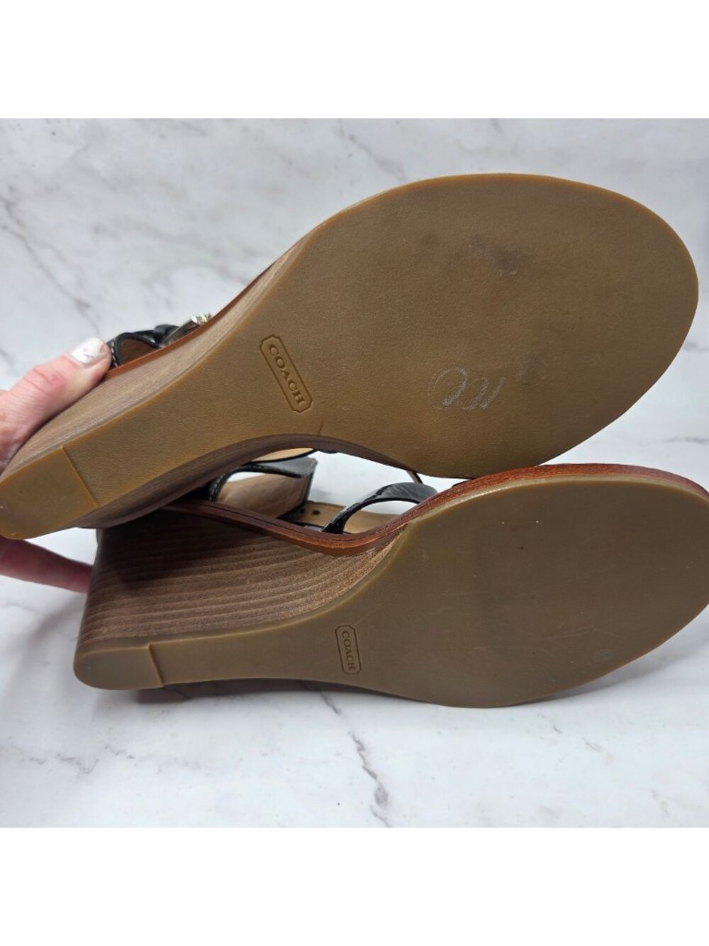 NWOT Coach Prue Black Leather Wedges Sandals Ankle Strap Heels Women's 10B - Picture 9 of 11